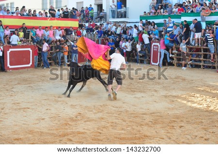 SAN JUAN, HUELVA, SPAIN - JUNE 22: Saint John\'s the Baptist\'s festival is the Spain\'s running of the Bulls of San Juan is the most popular celebration in Andalusia on June 22, 2013 in San Juan, Spain