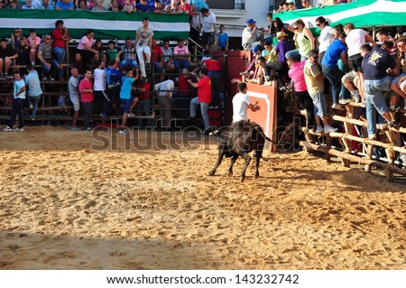 SAN JUAN, HUELVA, SPAIN - JUNE 22: Saint John\'s the Baptist\'s festival is the Spain\'s running of the Bulls of San Juan is the most popular celebration in Andalusia on June 22, 2013 in San Juan, Spain