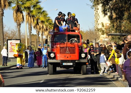 HUELVA , SPAIN - JANUARY 5: Magic Kings Parade, Los Reyes Magos is the Spanish equivalent to Christmas, the gifts being offered by the three wise men, on January 5, 2012 in Huelva, Andalusia, Spain.