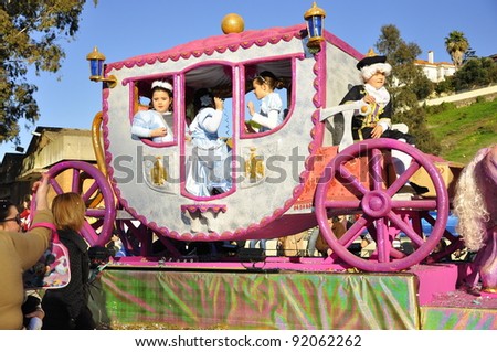 HUELVA , SPAIN - JANUARY 5: Magic Kings Parade on January 5, 2012 in Huelva, Andalusia, Spain. Los Reyes Magos is the Spanish equivalent to Christmas, the gifts being offered by the three wise men.
