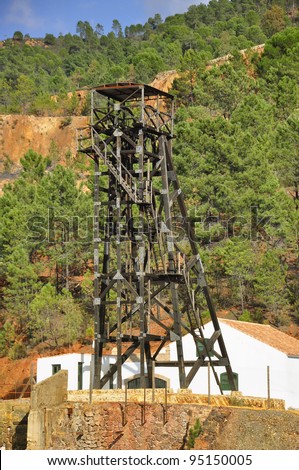 Winch of an old copper mine shaft. Detail of tower, Mining Museum. Riotinto, Huelva province, Andalucia, Spain.