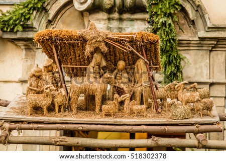Street Christmas Nativity scene made of straw, Prague, Czech Republic