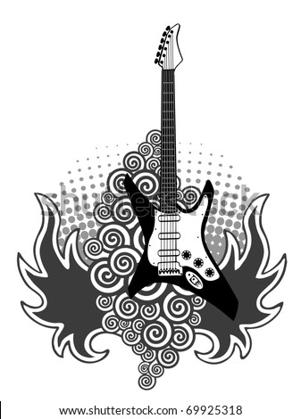 stock vector bass guitar aflame tattoo rock style