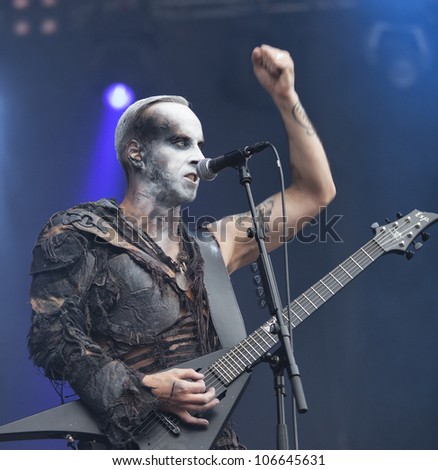 HELSINKI, FINLAND - JUNE 30: Polish blackened death metal  band Behemoth performs live on stage June30,  2012 at 15th annual Tuska Open Air Metal Festival in Suvilahti, in Helsinki, Finland.