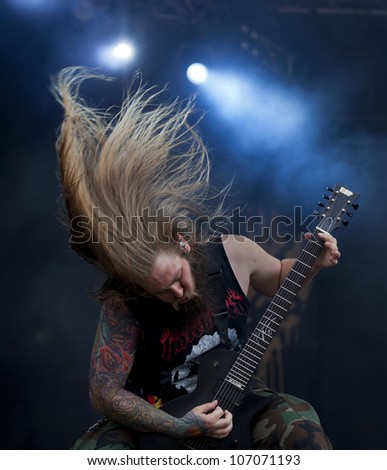 HELSINKI, FINLAND - JULY 1: American extreme metal band Suicide Silence performs live on stage July 1, 2012 at 15th annual Tuska Open Air Metal Festival in Suvilahti, in Helsinki, Finland