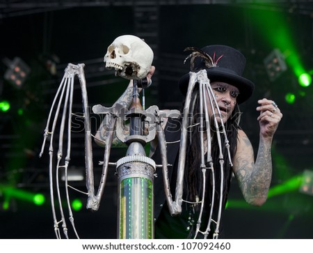 HELSINKI, FINLAND - JULY 1: American industrial metal band Ministry performs live on stage July 1, 2012 at 15th annual Tuska Open Air Metal Festival in Suvilahti, in Helsinki, Finland.