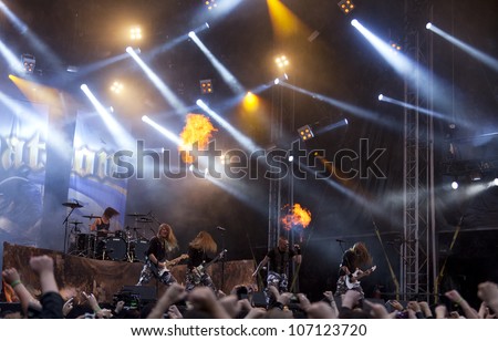 HELSINKI, FINLAND - JUNE 30: Swedish power metal band Sabaton performs live on stage June 30, 2012 at 15th annual Tuska Open Air Metal Festival in Suvilahti, in Helsinki, Finland.