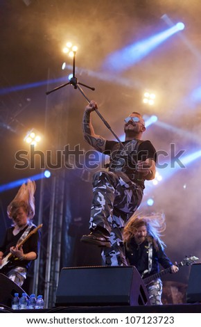 HELSINKI, FINLAND - JUNE 30: Swedish power metal band Sabaton performs live on stage June 30, 2012 at 15th annual Tuska Open Air Metal Festival in Suvilahti, in Helsinki, Finland.