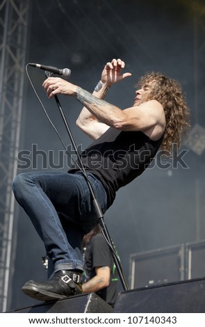 HELSINKI, FINLAND - JULY 1: American thrash metal band Overkill performs live on stage July 1, 2012 at 15th annual Tuska Open Air Metal Festival in Suvilahti, in Helsinki, Finland.