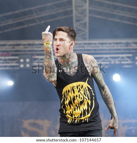 HELSINKI, FINLAND - JULY 1: American extreme metal band Suicide Silence performs live on stage July 1, 2012 at 15th annual Tuska Open Air Metal Festival in Suvilahti, in Helsinki, Finland.