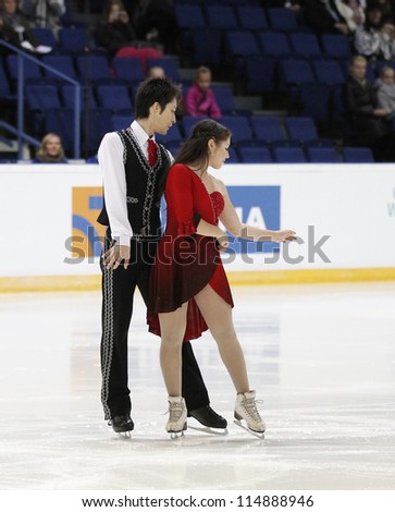 ESPOO,FINLAND-OCTOBER 7:Bryna Oi and Taiyo Mizutani compete in ice dancing free dance figure skating event at the Finlandia Trophy Espoo 2012 on October 7,2012 at the Barona Arena in Espoo,Finland.