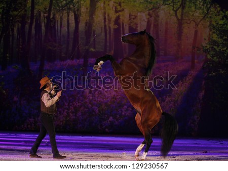 HELSINKI ,FINLAND - FEBRUARY 2: A rider and horses act on Apassionata Together Forever-show at Hartwall Areena on February 2, 2013 in Helsinki, Finland