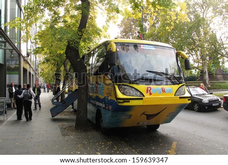 BUDAPEST,HUNGARY-OCTOBER 20: River Ride,Floating Bus sightseeing on land and water or October 20, 2013 in Budapest, Hungary. It has as received a TripAdvisor Certificate of Excellence award 2013