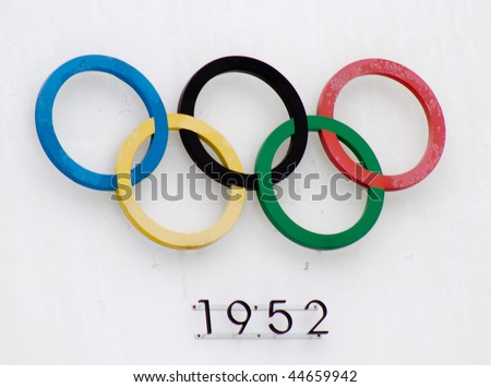 HELSINKI,FINLAND - JANUARY 17: Olympic Rings on Helsinki Olympic Stadium - The Games of the XV Olympiad were celebrated in Helsinki from 19 July to 3 August 1952, on January 17, 2010 in Helsinki, Finland.