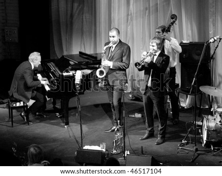 HELSINKI, FINLAND - FEBRUARY 11: The Five Corners Quintet - famous finnish modern jazz band - live recording at restaurant \