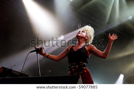 HELSINKI, FINLAND - AUGUST 14: Swedish recording artist and singer-songwriter Robyn live on stage at Flow 2010 Festival on August 14, 2010 in Helsinki, Finland