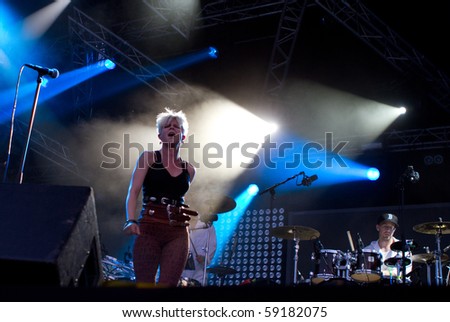 HELSINKI, FINLAND - AUGUST 14: Swedish recording artist and singer-songwriter Robyn live on stage at Flow 2010 Festival on August 14, 2010 in Helsinki, Finland