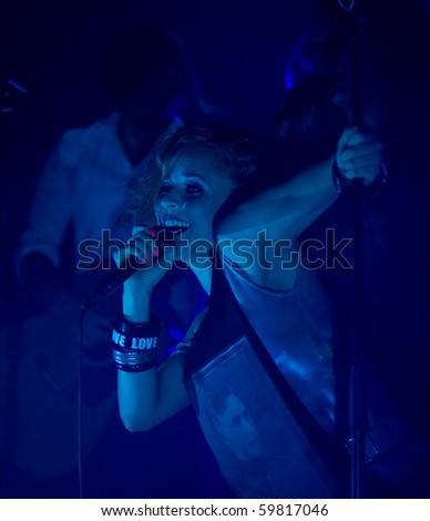 HELSINKI, FINLAND - AUGUST 26: Finnish pop rock band PMMP fronted by singers Paula Vesala and Mira Luoti  live on stage at Tavastia,Club-#1 rock venue in Finland on August 26,2010 in Helsinki, Finland