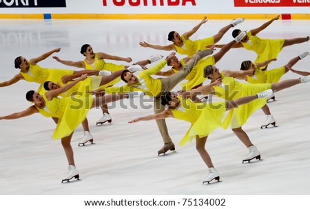 HELSINKI FINLAND - APRIL 9: Team Fire on Ice, of Australia, competes in the 2011 World Synchronized Skating Championships 2011 on April 9, 2011 in Helsinki, Finland.