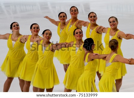 HELSINKI FINLAND - APRIL 9: Team Fire on Ice, of Australia, competes in the 2011 World Synchronized Skating Championships 2011 on April 9, 2011 in Helsinki, Finland.