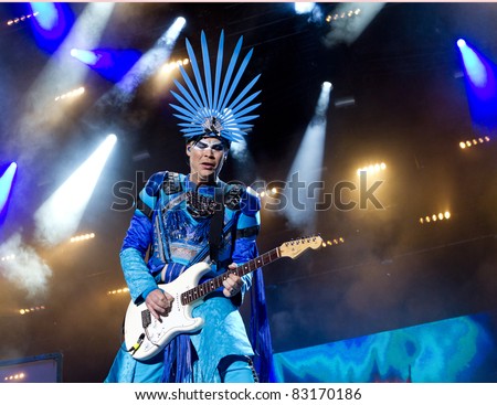 HELSINKI, FINLAND - AUGUST 13: Australian electronic music duo Empire of the Sun performs live on stage August 13, 2011 at Flow 2011 Festival in Helsinki, Finland.