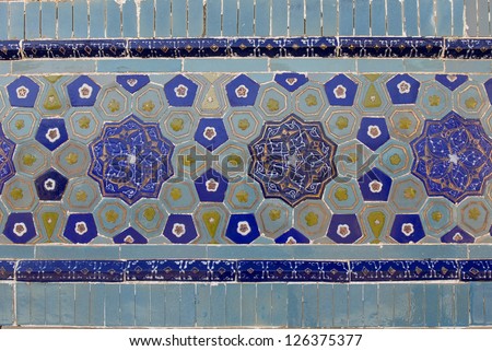 Turquoise and blue glazed tiles at the Shah-i Zinda in Samarkand, Uzbekistan