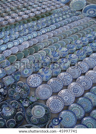 Blue and white porcelain for sale in Bukhara, Uzbekistan