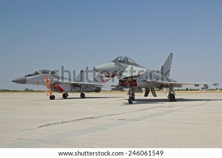 Batajnica airport, Belgrade, Serbia, September 2nd 2012: Italian Eurofighter Typhoon and Russian Mikoyan MiG-29 Fulcrum on International Air Show celebrating 100 years of Serbian military aviation.