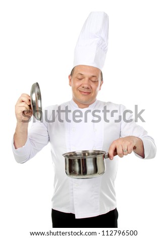 chef cooking and smell the food isolated on white background