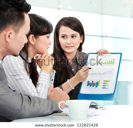 Portrait of successful business people discussing about company income
