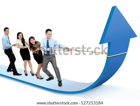 Portrait Of Business Team Pulling Up Bar Using Rope. Growth Chart Concept