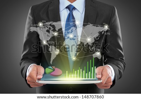 Portrait Of Success Businessman With Laptop Showing Social Business Connected