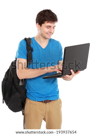 portrait of Young male student with laptop isolated over white background