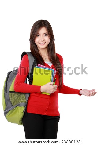 female student in red cardigan presenting blank area copy space - isolated on white background.