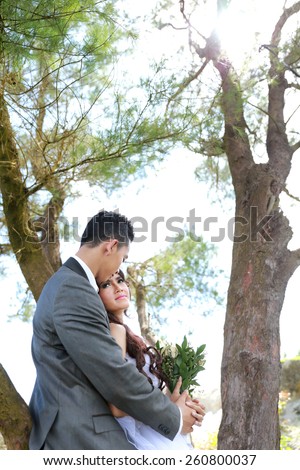 portrait of groom embracing his bride under tree in sunny day