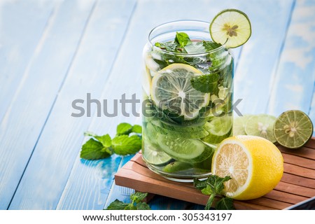 Summer fresh fruit Flavored infused water mix of cucumber, lemon, and mint leaf
