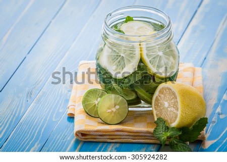 Summer fresh fruit Flavored infused water mix of lemon, lime, and mint