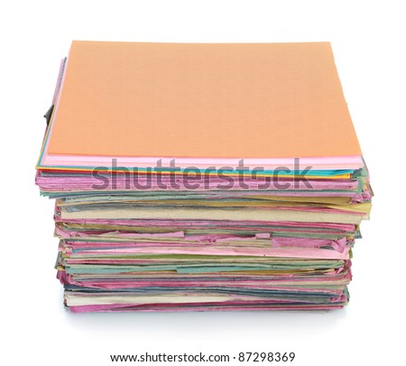 Stack of old files folder isolated on white