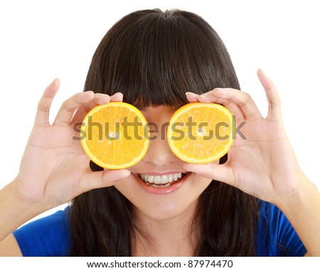 woman holding lemons up to eyes and smiling. in isolated white