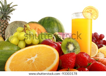 Colorful fresh Fruits and juice isolated on white background