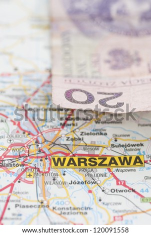 Polish Zloty currency on map marked Warsaw (Warszawa)