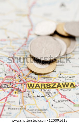 Polish Zloty currency on map marked Warsaw (Warszawa)