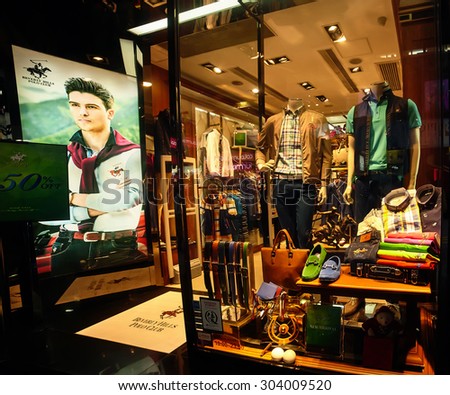 Hong Kong March 24 2015  BeverlyHhills Polo Club shop, ofor mans  .   BHPC is   fashion brand. , was founded in 1981 in Los Angeles (CA), USA