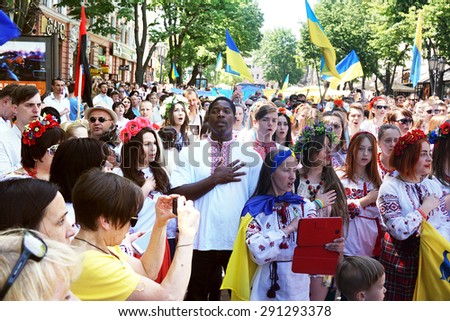Odessa residents and guests sing Ukrainian anthem at the Odessa Vyshyvanka Megamarch 23 May 2015, Ukraine