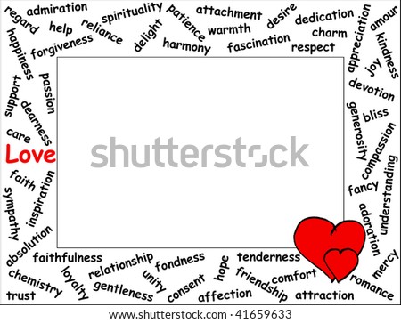 love words. stock photo : Love word frame with 54 love related words and two hearts, 