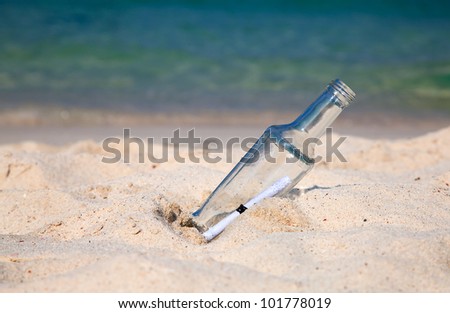 Message in a bottle on the sandy beach