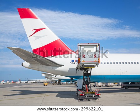 VIENNA - JULY 8: Austrian Airlines A-319 preparing for take-off in Vienna airport on July 8, 2015 in Vienna, Austria. Vienna airport is home for Austrian Airlines and one of biggest european hubs.