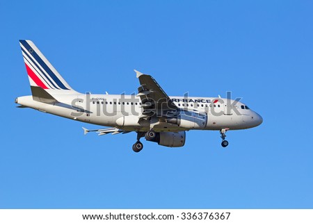 ZURICH - JULY 18: Air France A-318 landing in Zurich airport after short haul flight on July 18, 2015 in Zurich, Switzerland. Zurich airport is home port for Swiss Air and one of the european hubs.