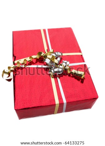 Red gift box wrapped with gold ribbon and bow.