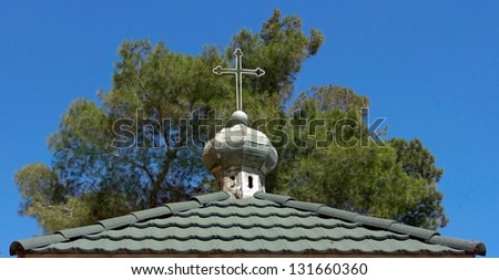 religion, israel, old, dilapidated monastery bell tower under a spreading tree, clear blue sky